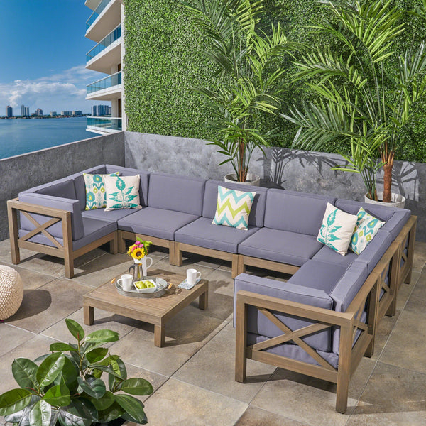 Outdoor Acacia Wood 8 Seater U-Shaped Sectional Sofa Set with Coffee Table - NH247603