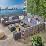 Outdoor Acacia Wood 10 Pieces U-Shaped Sectional Sofa Set with Fire Pit - NH277603