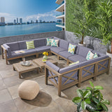 Outdoor Acacia Wood 12-Piece U-Shaped Sectional Sofa Set with Two Coffee Tables - NH467603