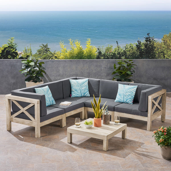 Outdoor 5-Seater Gray Acacia Wood Sectional Sofa Set with Coffee Table - NH717603