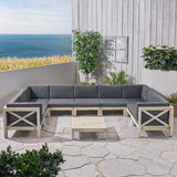 Outdoor 9 Seater Acacia Wood Sectional Sofa Set, Weathered Finish and Dark Gray - NH844803