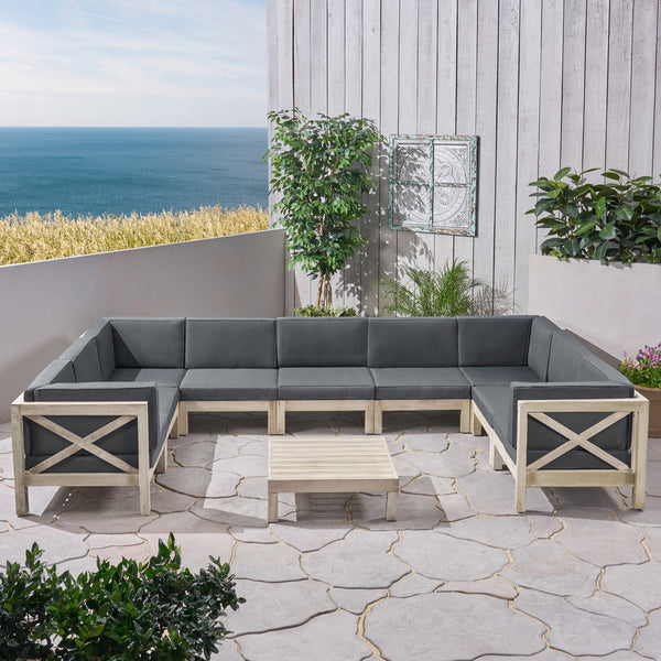 Outdoor 9 Seater Acacia Wood Sectional Sofa Set, Weathered Finish and Dark Gray - NH844803