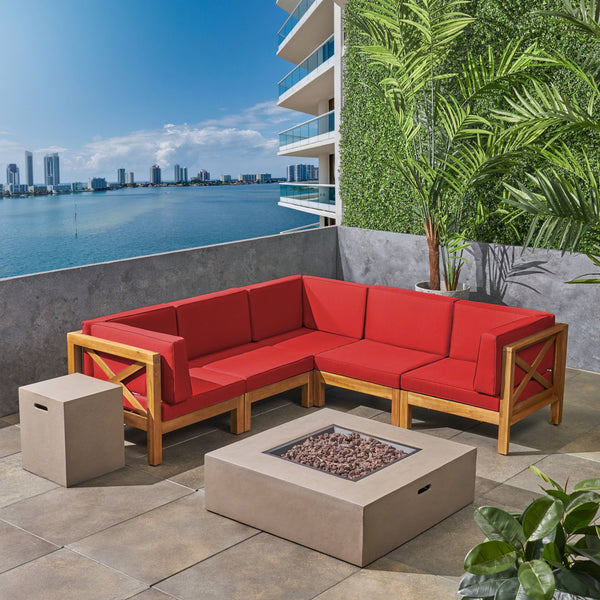 Outdoor Acacia Wood 7-Piece Sectional Sofa Set with Fire Pit - NH917603