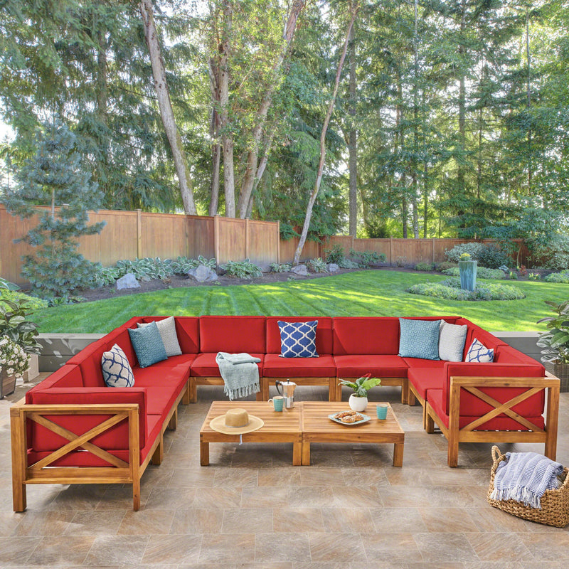 Outdoor Acacia Wood 10 Seater U-Shaped Sectional Sofa Set with Two Coffee Tables - NH567603