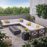 Outdoor Acacia Wood 10 Seater U-Shaped Sectional Sofa Set with Fire Pit - NH077603