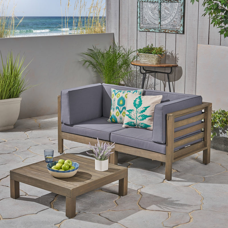 Outdoor Sectional Loveseat Set with Coffee Table - 3-Piece 2-Seater - Acacia Wood - Outdoor Cushions - NH840703