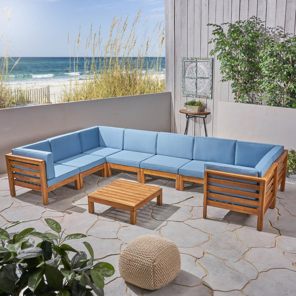 Outdoor U-Shaped Sectional Sofa Set with Coffee Table - 9-Piece 8-Seater - Acacia Wood - Outdoor Cushions - NH090703