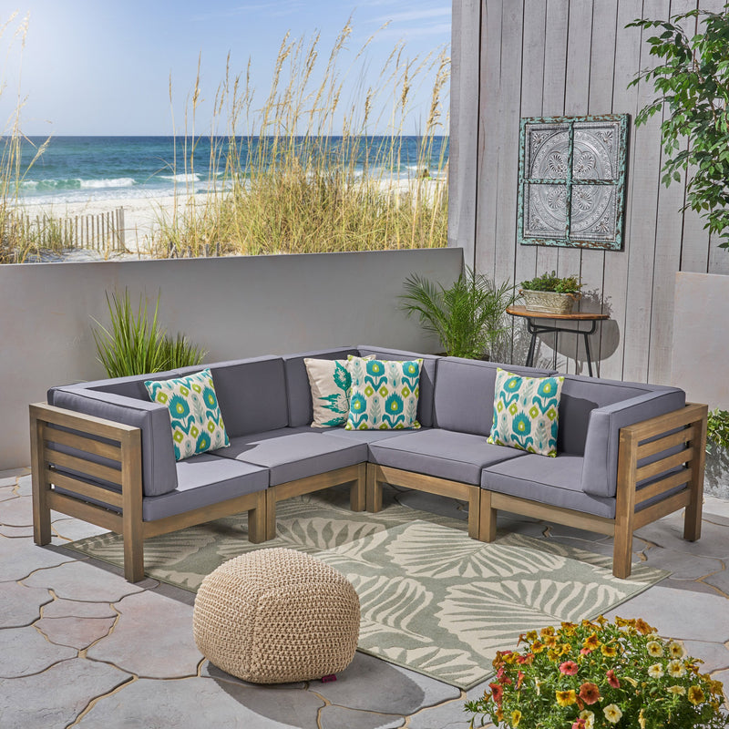 Outdoor V-Shaped Sectional Sofa Set - 5-Seater - Acacia Wood - Outdoor Cushions - NH460703
