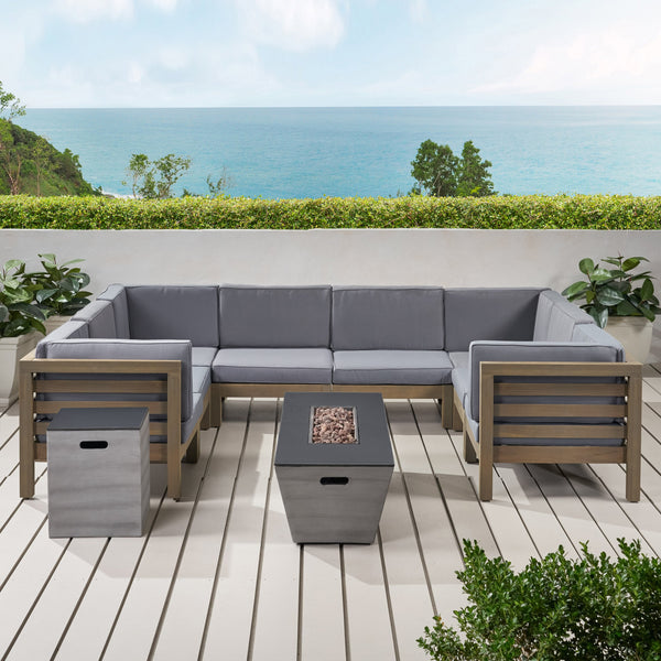 Outdoor Modern 8 Seater Acacia Wood Sectional Sofa Set with Fire Pit and Tank Holder - NH164113