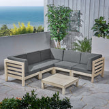 Outdoor V-Shaped Sectional Sofa Set with Coffee Table - 6-Piece 5-Seater - Acacia Wood - Outdoor Cushions - Weathered Gray and Dark Gray - NH160703