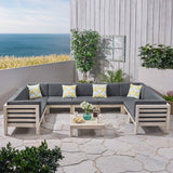 Outdoor 9 Seater Acacia Wood Sectional Sofa Set, Weathered Gray Finish and Dark Gray - NH794803