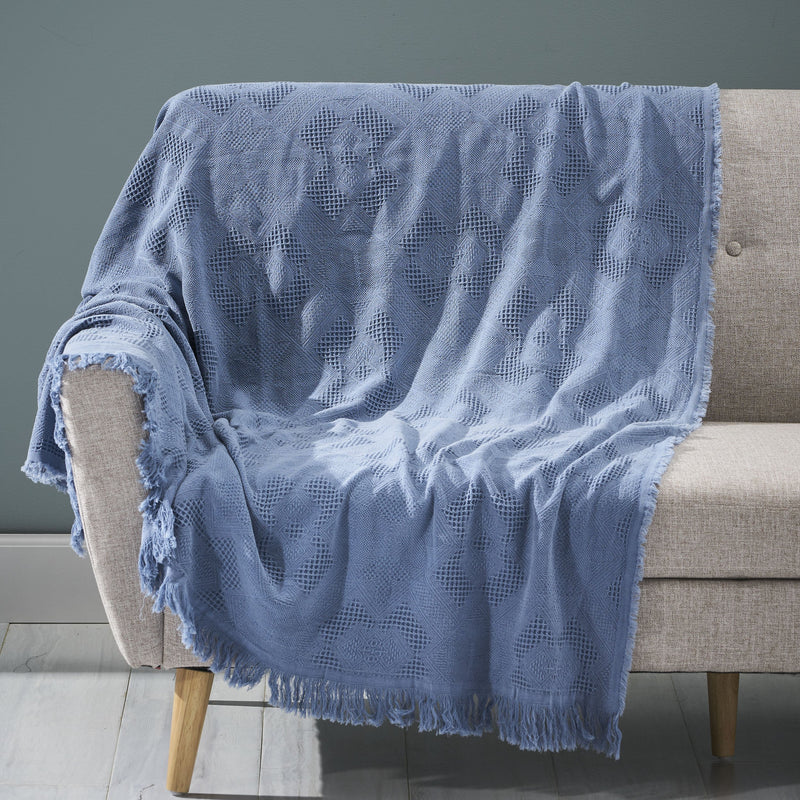 Contemporary Cotton Throw Blanket with Fringes, Aqua - NH004903