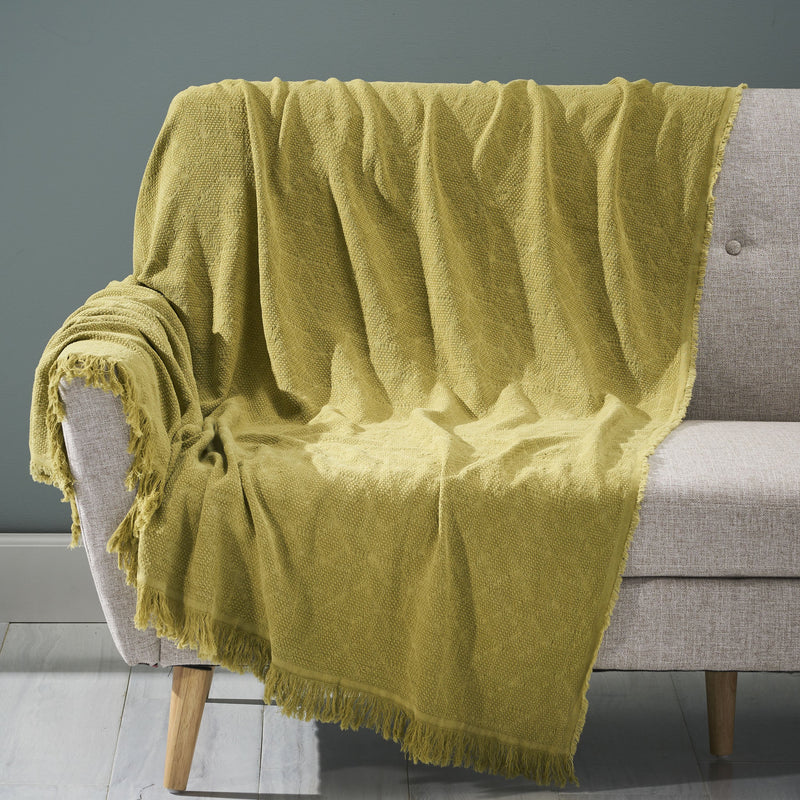 Contemporary Cotton Throw Blanket with Fringes, Olive - NH893903