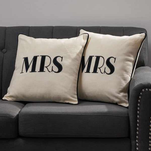Modern Fabric "MRS" Throw Pillow Cover (No Filling) (Set of 2), White and Black - NH754903