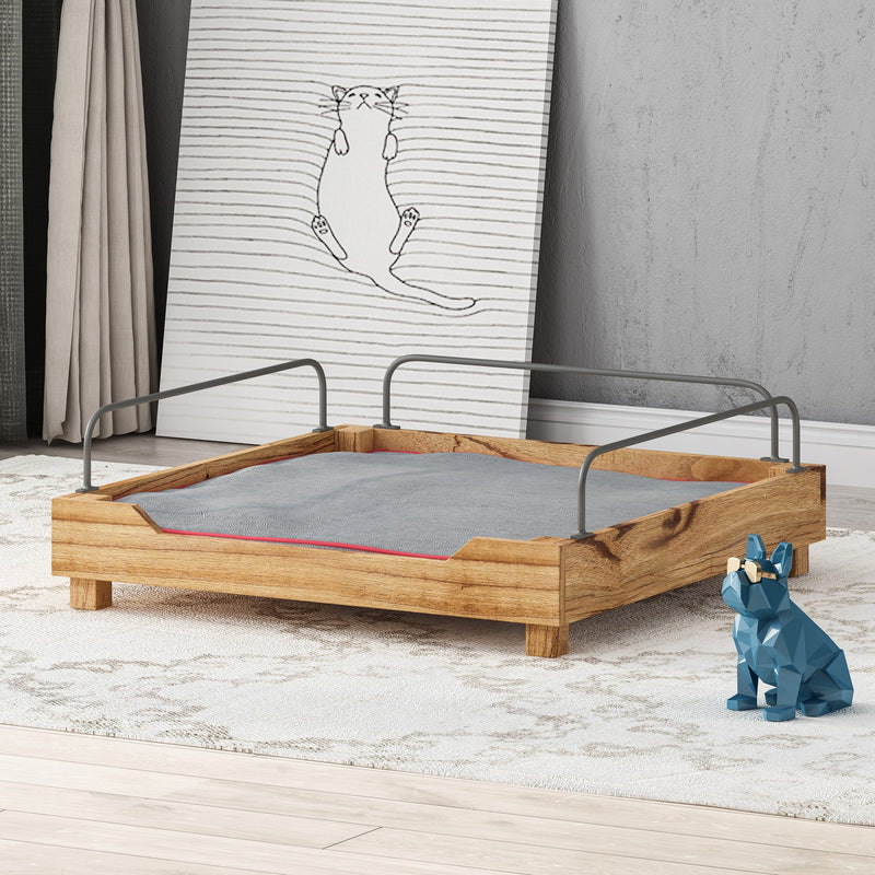 Wooden Small Pet Bed with Metal Railing and Plush Cushion, Blue and Natural Finish - NH222903