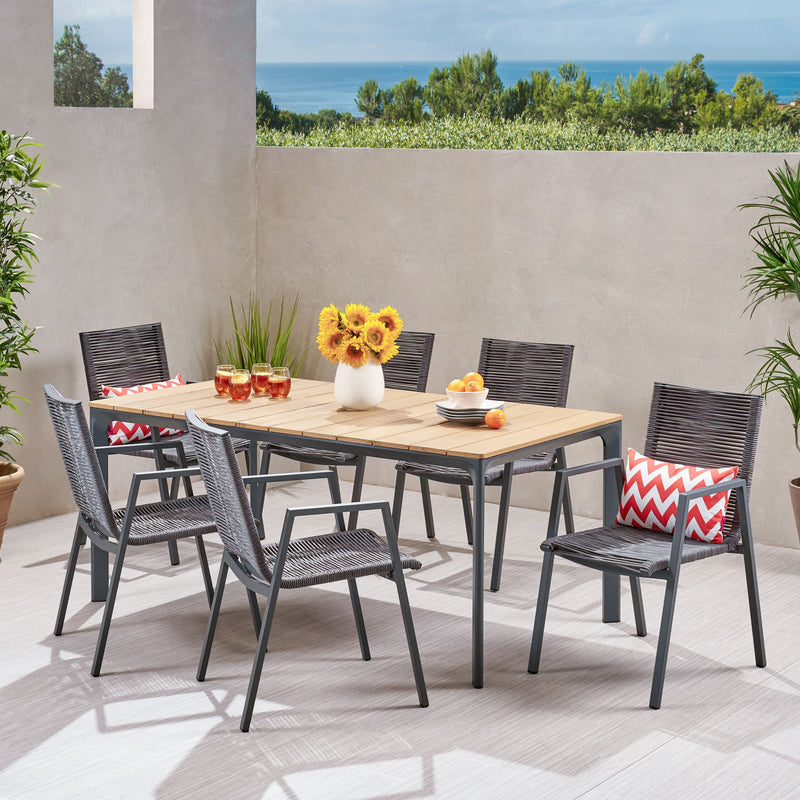 Outdoor Modern 6 Seater Aluminum Dining Set with Eucalyptus Table Top - NH058013