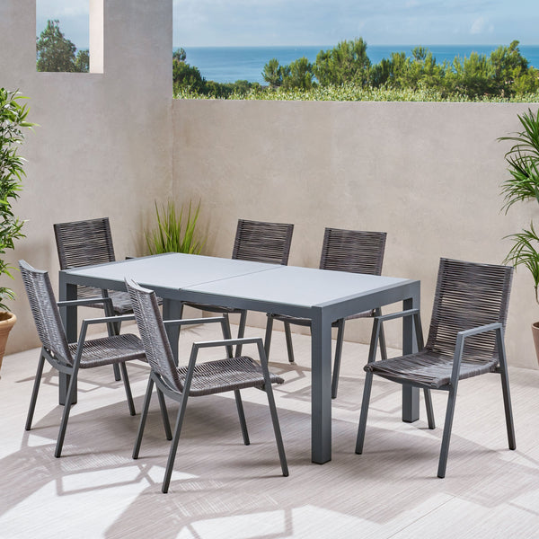 Outdoor Modern 6 Seater Aluminum Dining Set with Tempered Glass Top - NH258013