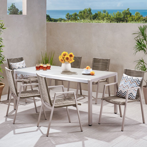 Outdoor Modern 6 Seater Aluminum Dining Set with Tempered Glass Top - NH158013