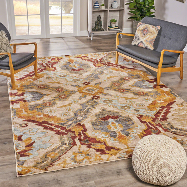 Ikat Indoor Traditional Beige and Multi-Colored Rectangular Area Rug - NH261603