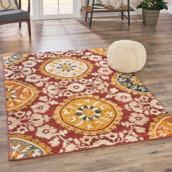 Indoor Oriental Floral Red and Gold Rectangular Area Rug - NH412603