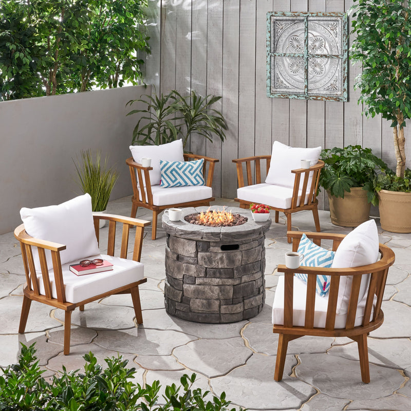Outdoor Acacia Wood 4 Seater Club Chairs and Fire Pit Set - NH236903
