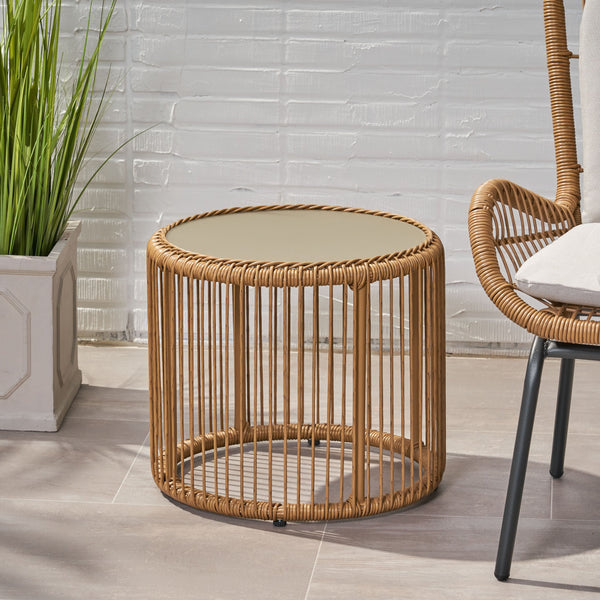 Outdoor Wicker Side Table with Tempered Glass Top - NH074013