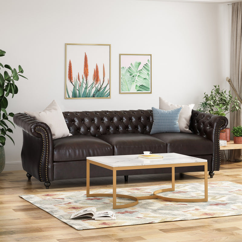 Chesterfield Tufted Leather Sofa with Scroll Arms - NH107703