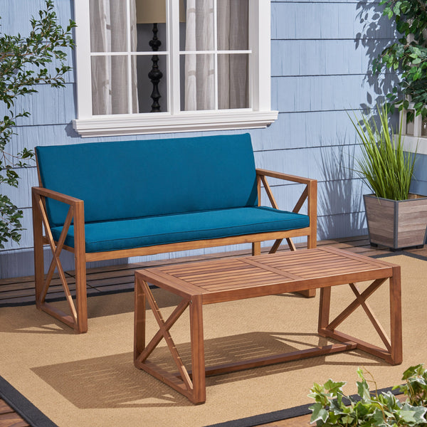 Outdoor Acacia Wood Loveseat with Coffee Table Set with Cushions - NH656703