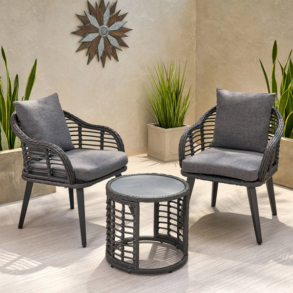 Outdoor Modern Boho 2 Seater Wicker Chat Set with Side Table - NH644013