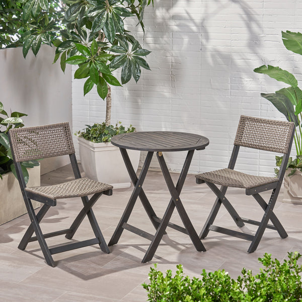 Outdoor Acacia Wood Wicker Foldable Bistro Set with Chairs and Table - NH710903