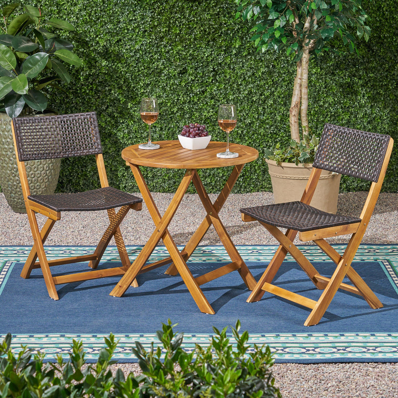 Outdoor Acacia Wood Wicker Foldable Bistro Set with Chairs and Table - NH710903