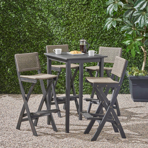 Outdoor 26" Square 5 Piece Wood and Wicker Bar Height Set - NH053903