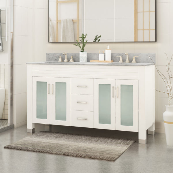 60" Wood Double Sink Bathroom Vanity with Marble Counter Top with Carrara White Marble - NH619703