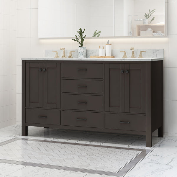 60" Wood Double Sink Bathroom Vanity with Marble Counter Top with Carrara White Marble - NH439703