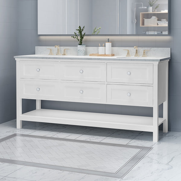 72" Wood Double Sink Bathroom Vanity with Marble Counter Top with Carrara White Marble - NH298703
