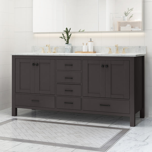 72" Wood Double Sink Bathroom Vanity with Marble Counter Top with Carrara White Marble - NH739703