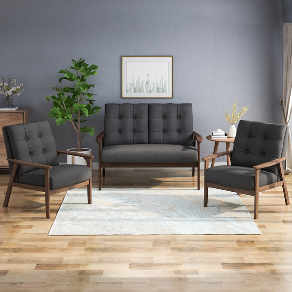 Mid-Century Modern 3-Piece Fabric Chairs & Love Seat Living Room Set - NH807903