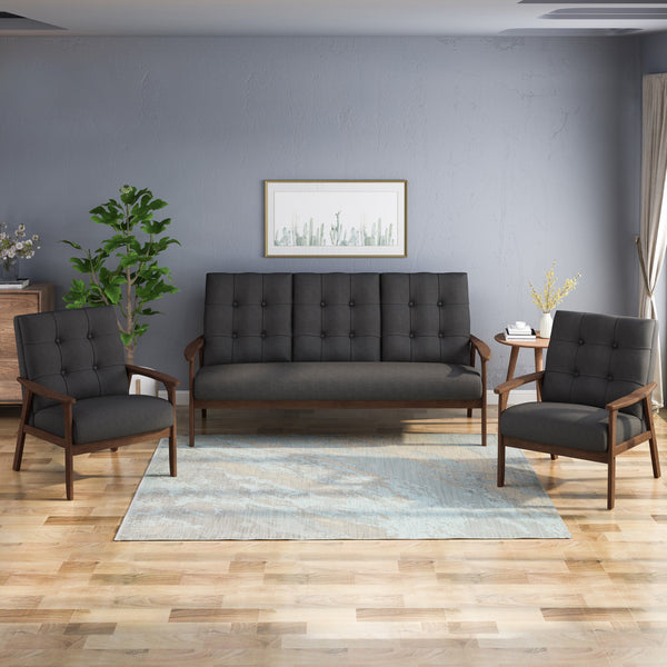 Mid Century Modern 3-Piece Fabric Chairs & Sofa Living Room Set - NH907903