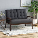 Mid Century Waffle Stitch Tufted Accent Loveseat with Rubberwood Legs - Black and Walnut Finish - NH800903