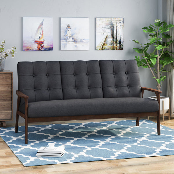 Mid Century Waffle Stitch Tufted Accent Sofa with Rubberwood Legs - Black and Walnut Finish - NH900903