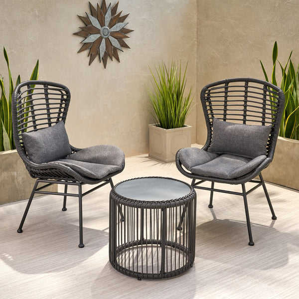 Outdoor Modern Boho 2 Seater Wicker Chat Set with Side Table - NH844013