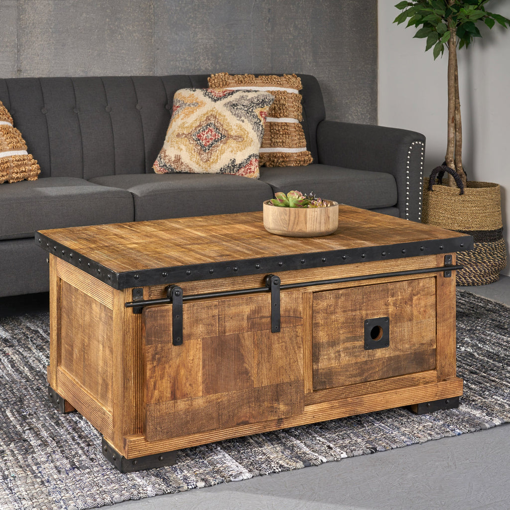 Modern Industrial Mango Wood Coffee Table, Natural Finish and Black ...