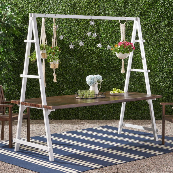 iron plant hanger Outdoor Acacia Wood 88.5" Dining Table with Iron Plant Hanger
