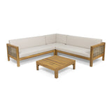 Outdoor Wood and Wicker 5 Seater Sectional Sofa and Coffee Table Set - NH325903