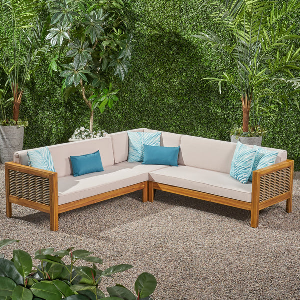 Outdoor Wood and Wicker 5 Seater Sectional Sofa Set - NH525903
