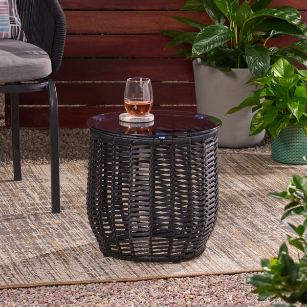 Wicker Side Table with Tempered Glass Top - NH963113