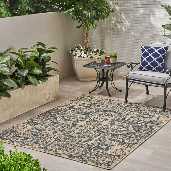 Outdoor Medallion Area Rug, Tan and Blue - NH145803