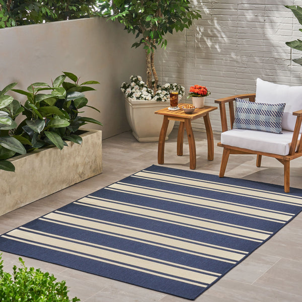 Outdoor Stripe Area Rug, Navy and Ivory - NH745803