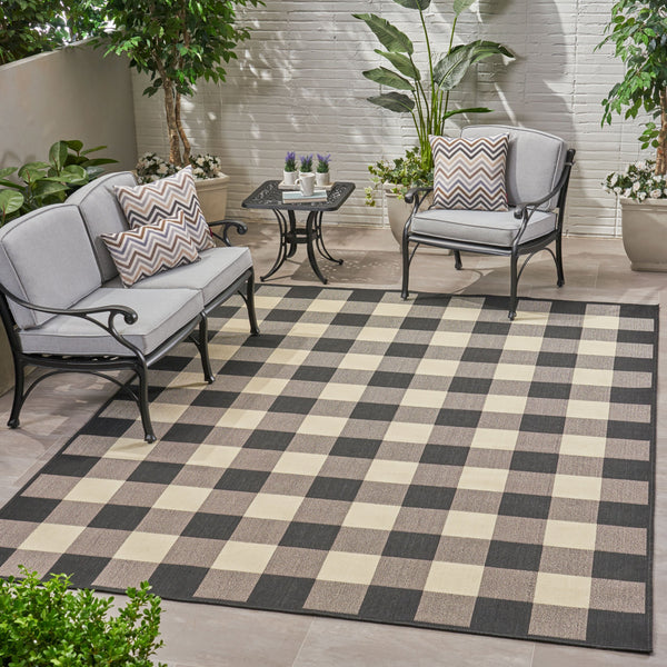 Outdoor Check Area Rug, Black and Ivory - NH355803