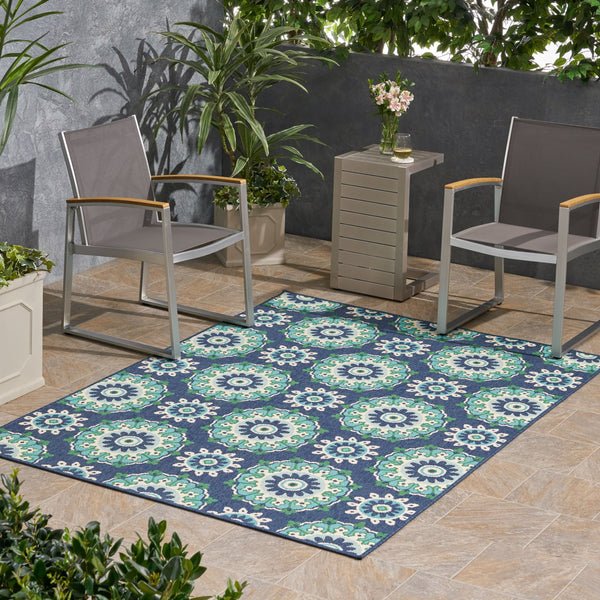 Outdoor Medallion Area Rug, Navy and Green - NH765803